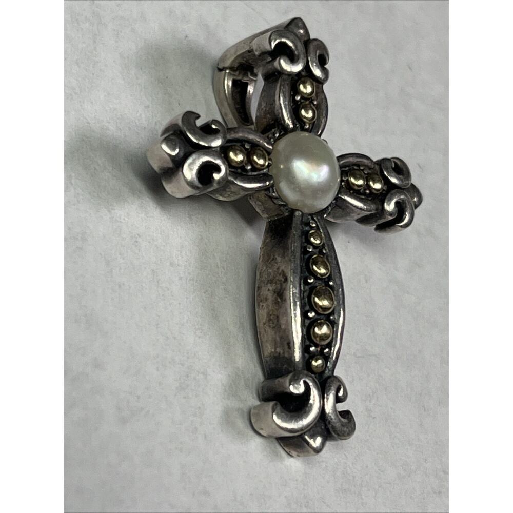 EFFY 18k And Sterling Silver Cross Crucifix Pendant Faux Pearl No Necklace RARE - Picture 4 of 12